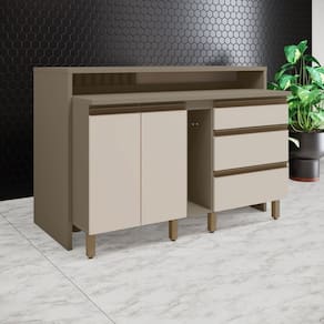 Kit Ilha Gourmet 2 Portas 3 Gavetas com Tampo Aurora Duna/Cristal