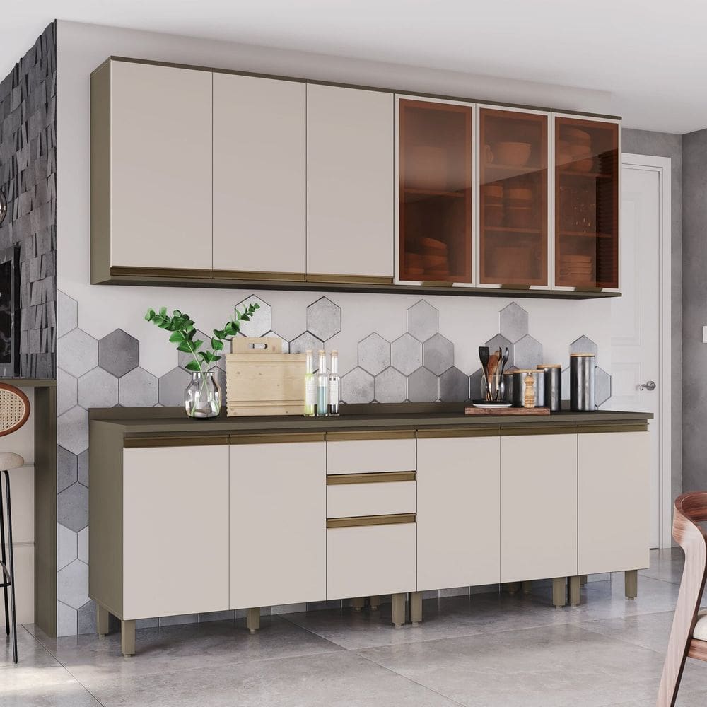 Cozinha Compacta 5 Peças com Aéreo de Vidro Reflecta 100% Mdf Duna/Cristal