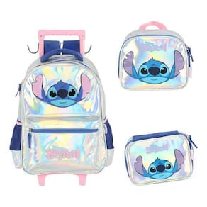 Kit Mochila Carrinho Alça Costas Stitch Metalizado