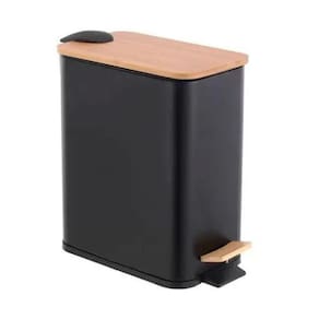 Lixeira Metal E Bambu Banheiro Cozinha Quadrada Preta 5L
