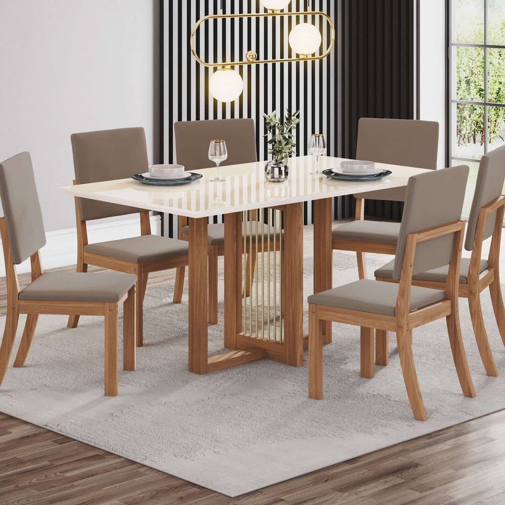 Conjunto Sala Jantar Canto Reto com Vidro 6 Cadeira Kelly Espresso Móveis Marrom/Off White/Marrom