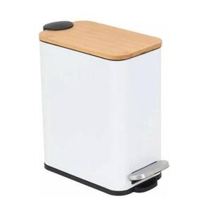 Lixeira Metal E Bambu Banheiro Cozinha Quadrada Branca 5L
