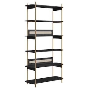 Estante Oslo Artesano 90 cm (largura) MDP Nero Palha Sintética Bege Pé Metal Dourado