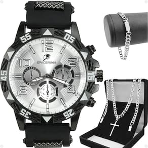 Relógio Masculino Aço Inox + Cordão Crucifixo + Pulseira - Spaceman - Robusto Religioso - Orizom