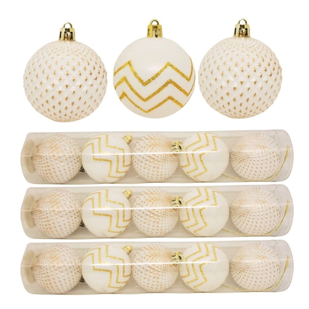 Jogo 15 Bolas Natal Mista Decoradas Branco e Dourado Glitter 6cm - Magizi