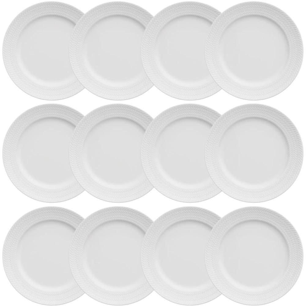 12 Pratos de Sobremesa 21cm Porcelana Relevo Chevron Germer Redondo Branco