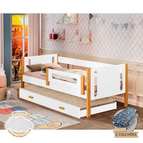 Bicama Infantil com Grade de Proteção e Colchões Mirela Branca/amêndoa + Luminária Led