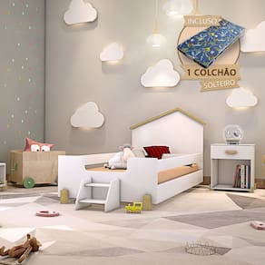 Cama de Criança Infantil com Colchão e Escadinha Solteiro Ayla - Branca e Natural