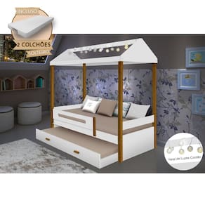 Beliche Montessoriana Infantil Sara Solteiro C/ Led e Colchões - Branco/amêndoa