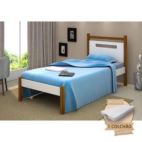 Cama de Solteiro Montessoriana Eloa Acompanha Colchão - Branca e Caramelo