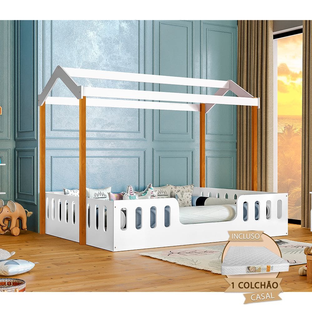 Cama Casal Casinha Montessoriana Ágatha com Colchão - Branco/Caramelo