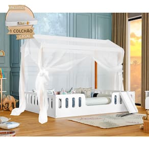 Cama Infantil com Colchão Casal Ágatha Branca/amêndoa com Escorregador e Voal Branco - Divaloto