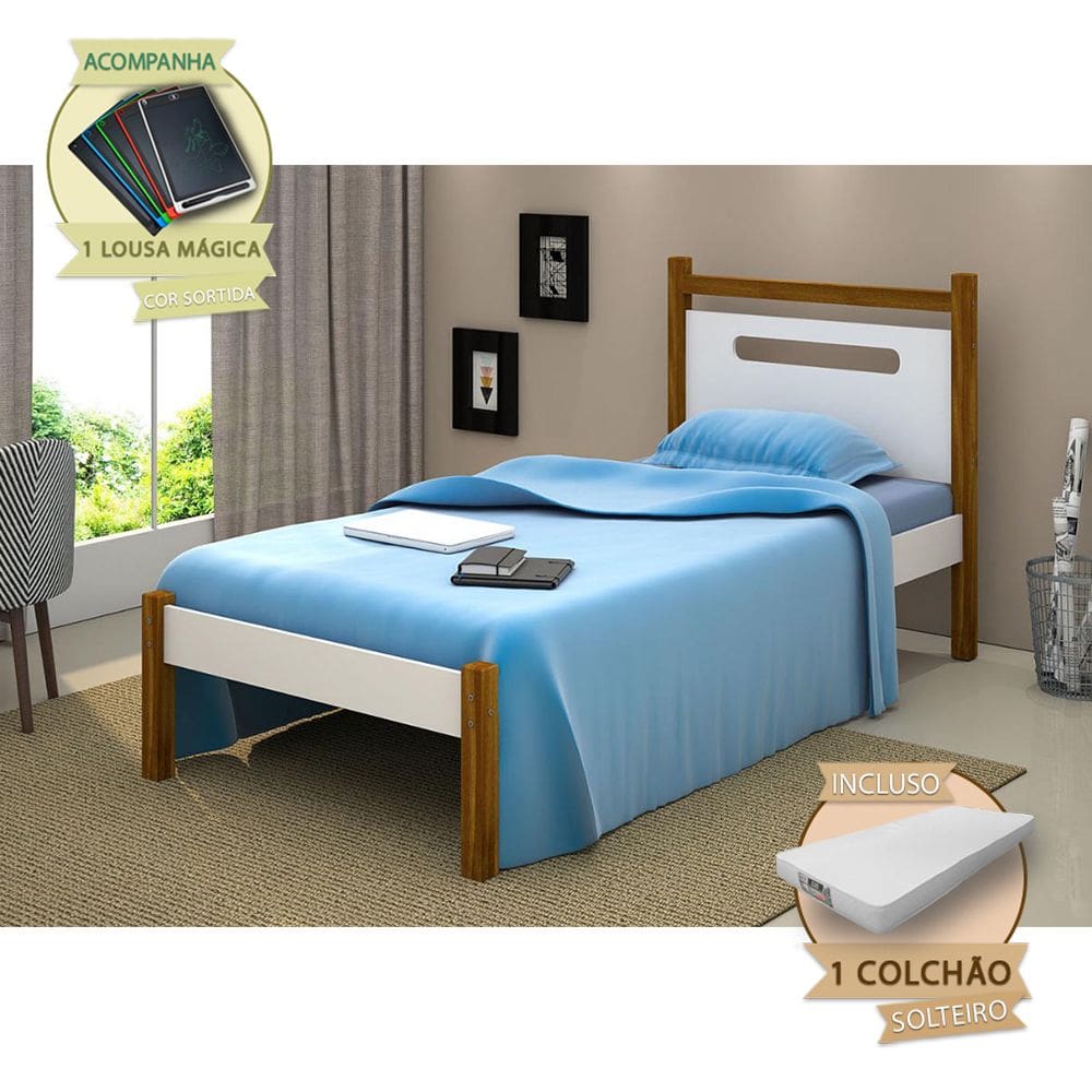 Cama de Solteiro Montessoriana Eloa Acompanha Colchão - Branca e Caramelo Incluso Lousa Mágica