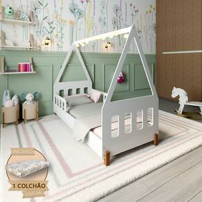 Cama Juvenil Susy com Led Grades de Proteção e Colchão Branco/Caramelo