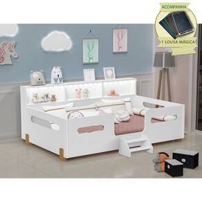 Cama Juvenil Mary com Escada Led e Nicho Branco/Caramelo + Acompanha Lousa Mágica