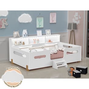 Cama Juvenil Mary com Escada Led e Nicho Branco/Caramelo Acompanha Luminária Nuvem