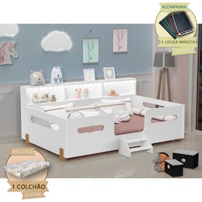 Cama Juvenil Mary com Escada Led e Nicho Colchão Branco/Caramelo Acompanha Lousa Mágica