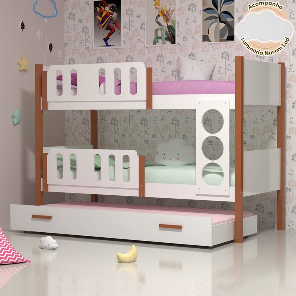 Beliche Infantil Solteiro Ônix com Cama Auxiliar Branco Caramelo Divaloto Móveis Luminária Nuvem