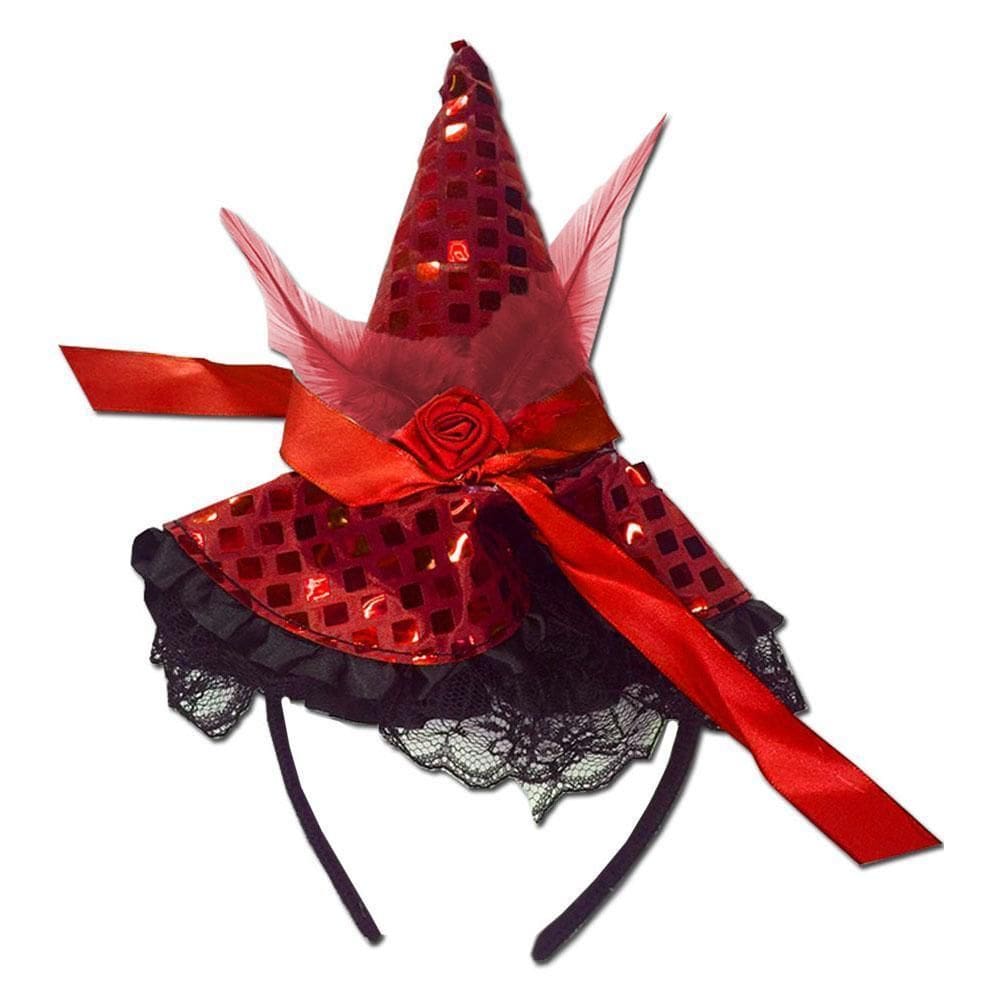 Tiara Chapéu Bruxa Com Pena E Laço Luxo Vermelho Halloween
