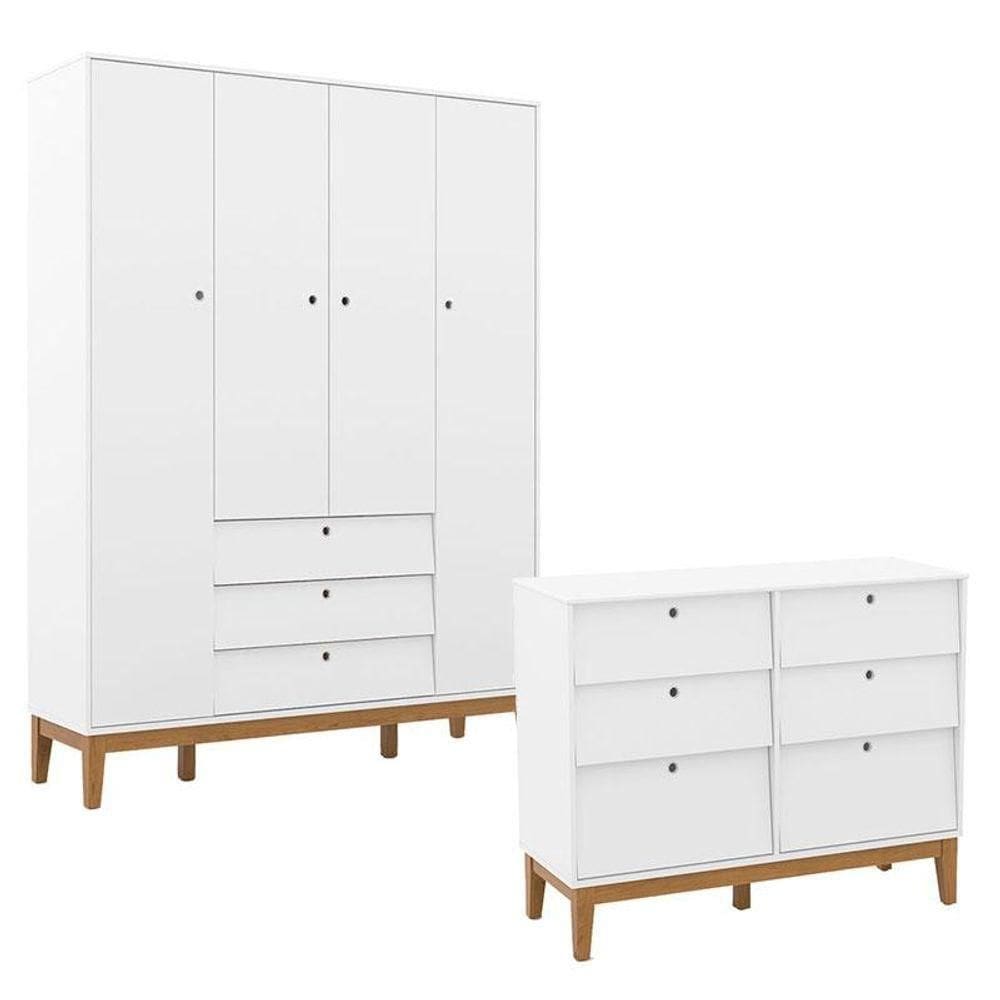 Cômoda 6 Gavetas E Guarda Roupa Unique 4 Portas Branco Soft Eco Wood - Matic
