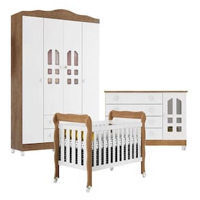 Quarto De Bebê New Selena 4 Portas Com Berço Lila E Cômoda Gran Selena Branco Amadeirado