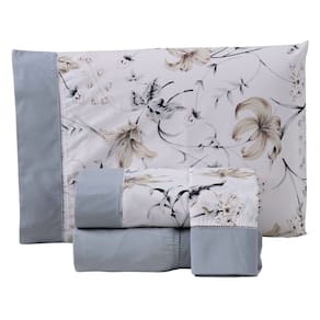 Jogo Cama Lençol Encanto King Estampado Percal 180 Fios c/ Ponto Palito 4 Peças - Floral - Cinza