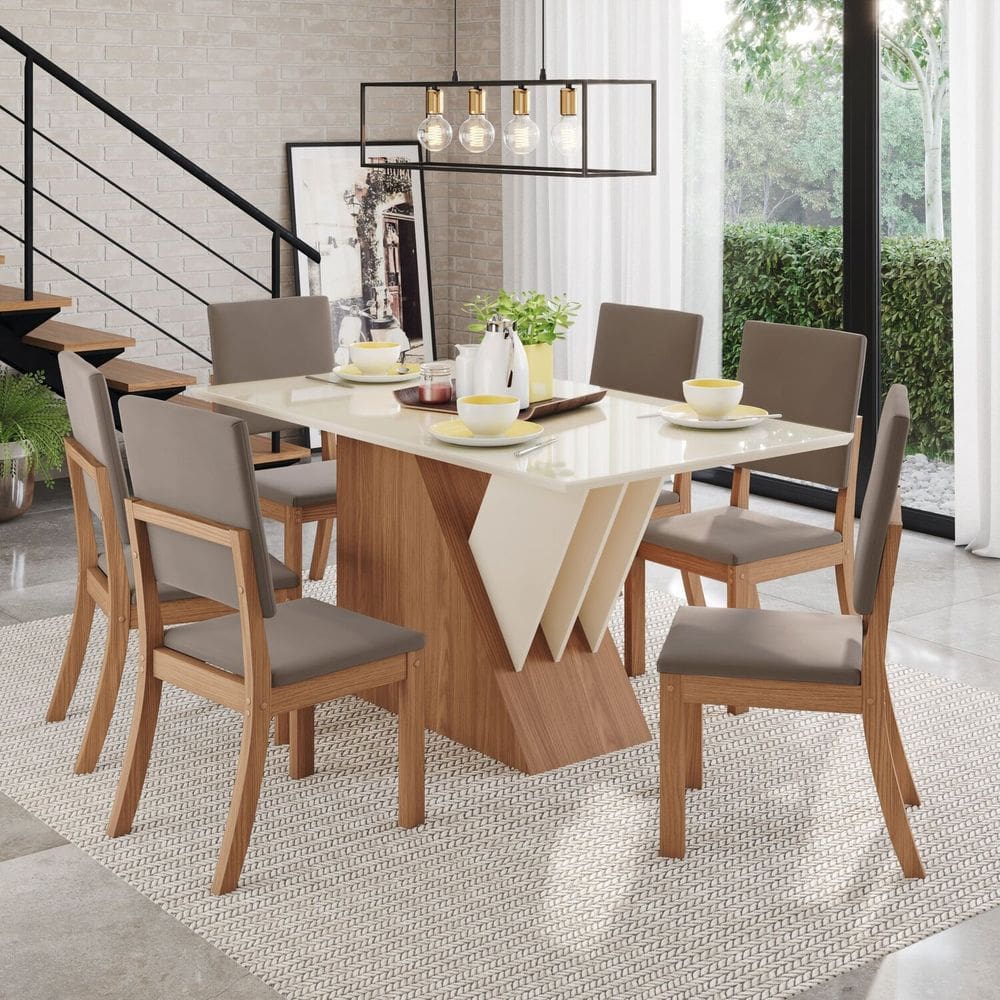 Conjunto Sala Jantar Canto Reto com Vidro 6 Cadeiras Sarah Espresso Móveis Marrom/Off White/Linho