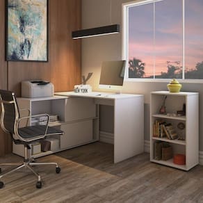 Kit 2 Peças com Escrivaninha em L com Portas de Correr Mingle e Estante com 3 Nichos Organizador Branco