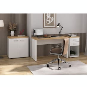 Kit 3 Peças com Escrivaninha Minimalista, Balcão Multiuso 2 Portas e Gaveteiro Organizador Olmo/Branco