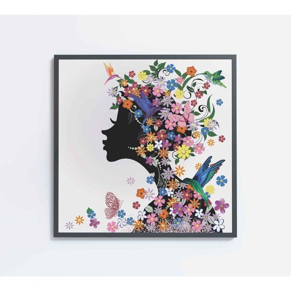 Quadro Desenho Mulher Com Flores Medidas 80x80 Cm Impressão Vidro Acrílico