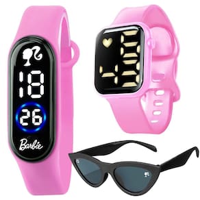 Relógio Digital Infantil Rosa Barbie Quadrado + Relógio Bracelete + Óculos Sol Proteção UV  - Orizom Kids