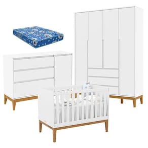 Quarto De Bebê Nature Clean 4 Portas Com Berço Unique Branco Soft Eco Wood E Colchão Ortobom
