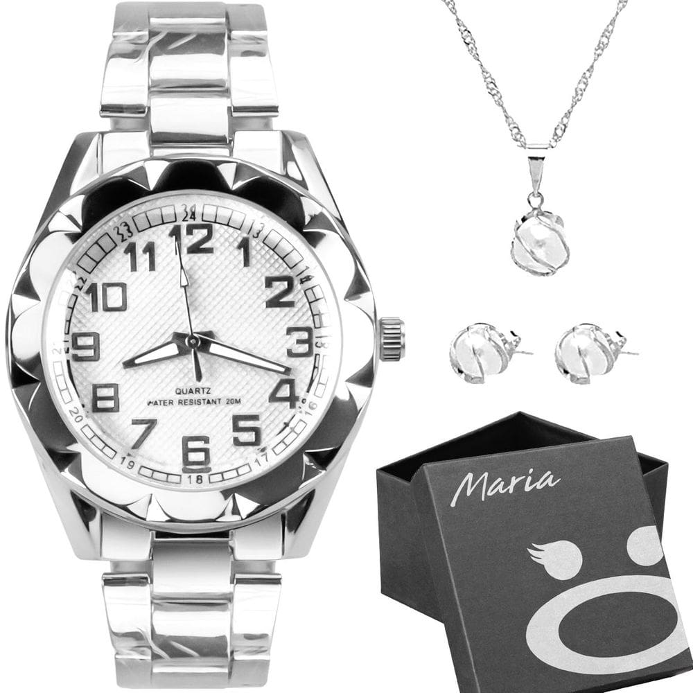 Relógio Feminino Aço Inox Prova D´água + Colar + Brinco + Caixa - Orizom Maria