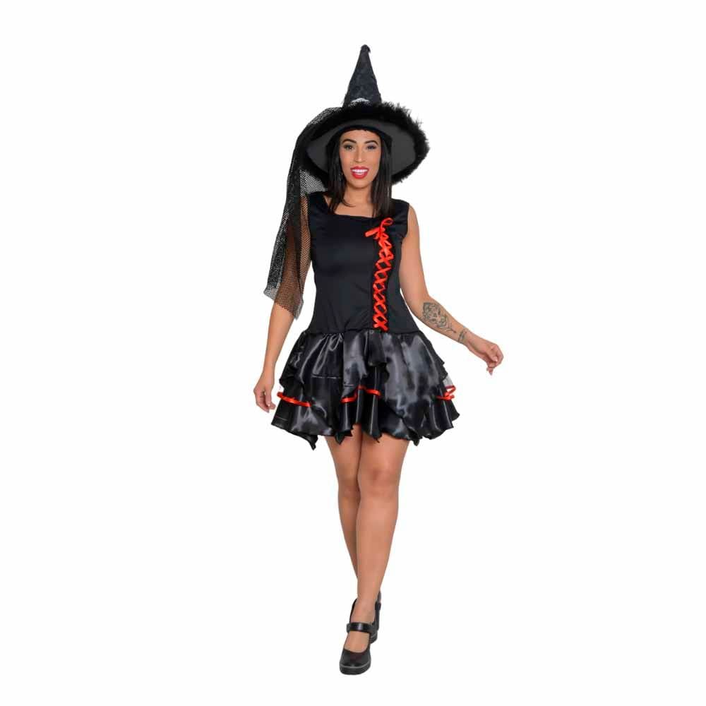 Fantasia Bruxinha Feiticeira Vestido Halloween Adulto Festa Dia das Bruxas Noites do Terror Zumbi Carnaval Bloquinho
