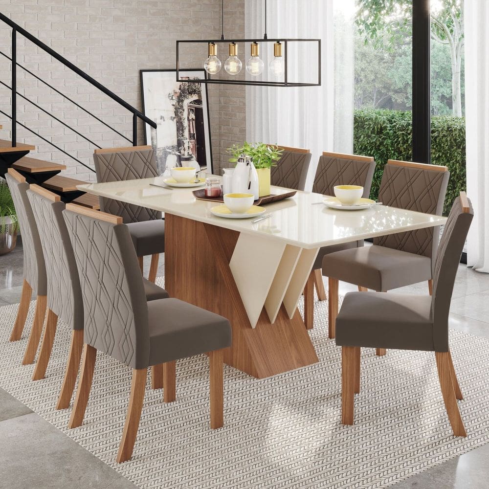 Conjunto Sala Jantar Canto Reto com Vidro 8 Cadeiras Katarina Espresso Móveis Marrom/Off White/Bege