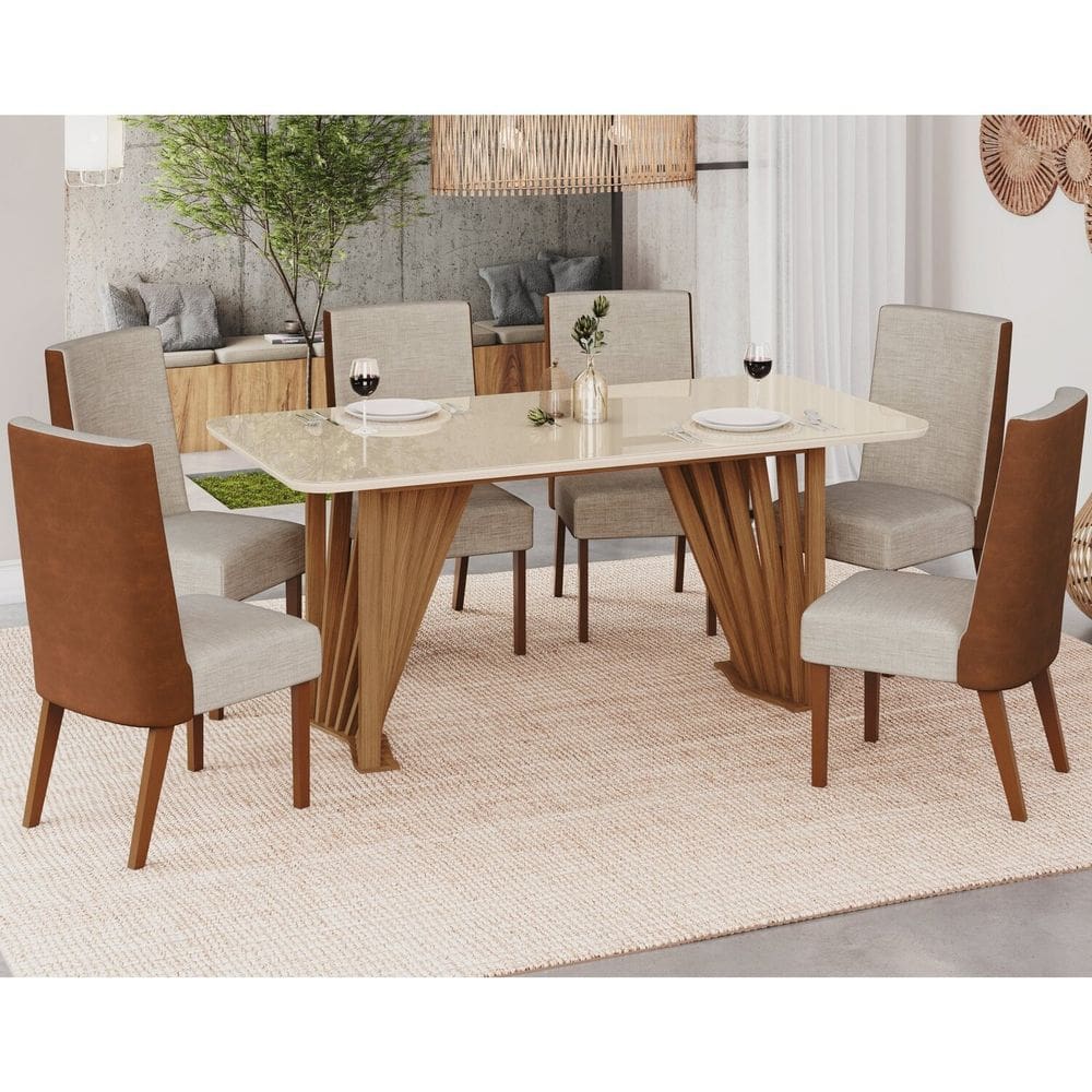 Conjunto Sala Jantar Adriana 180 Cm 6 Cadeiras Anne Canto Arredondado com Vidro Marrom/Off White/Caramelo