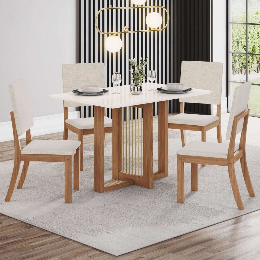 Conjunto Sala Jantar Natalí 120cm Canto Reto + 4 Cadeiras Milla Marrom/Off White
