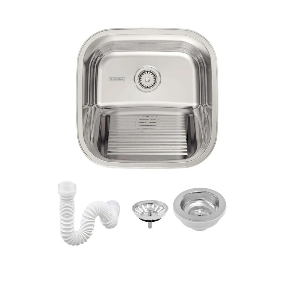 Tanque Em Inox De Encaixe A304 Hera 23l 40x40cm Com Válvula 94403/407 Polido Tramontina com Sifão Sanfonado Universal Simples 1.1/2"