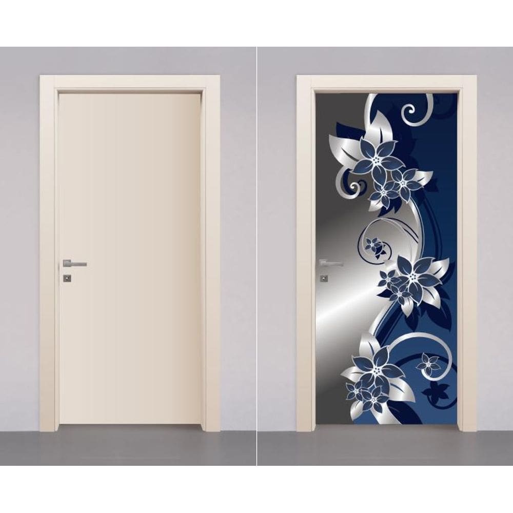 Adesivo Envelopamento Decorativo De Porta Flores Floral Azul