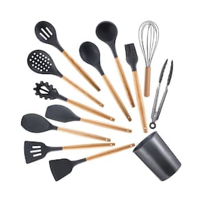 Kit Colheres Silicone Cozinha Cabo Madeira 12Pçs