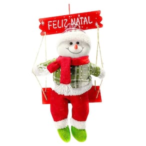 Boneco de Neve Gangorra Madeira Pelúcia Tricô Xadrez Vermelho e Verde 40cm - Magizi