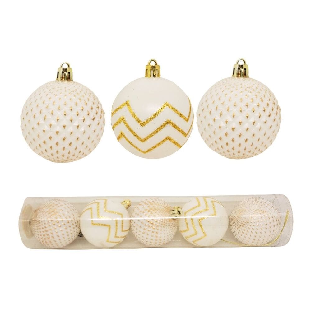 Jogo 5 Bolas Natal Mista Decoradas Branco e Dourado Glitter 6cm - Magizi