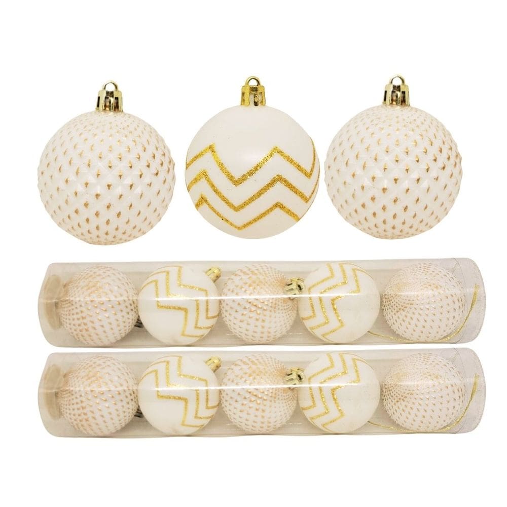Jogo 10 Bolas Natal Mista Decoradas Branco e Dourado Glitter 6cm - Magizi