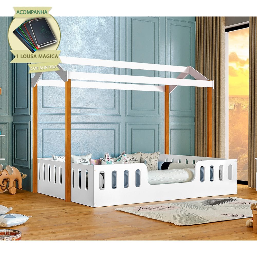 Cama Casal Infantil Casinha Montessoriana Ágatha - Branco/Caramelo Incluso Lousa Mágica