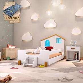 Cama Infantil Solteiro Belissima Azul - Branco e Caramelo + Colchão