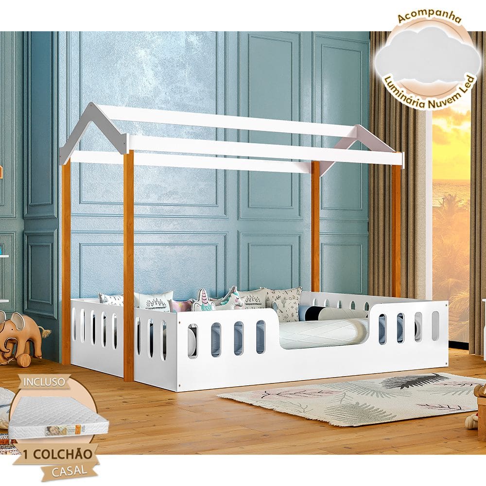 Cama Casal Casinha Montessoriana Ágatha com Colchão D28 - Branco/Caramelo Incluso Luminária