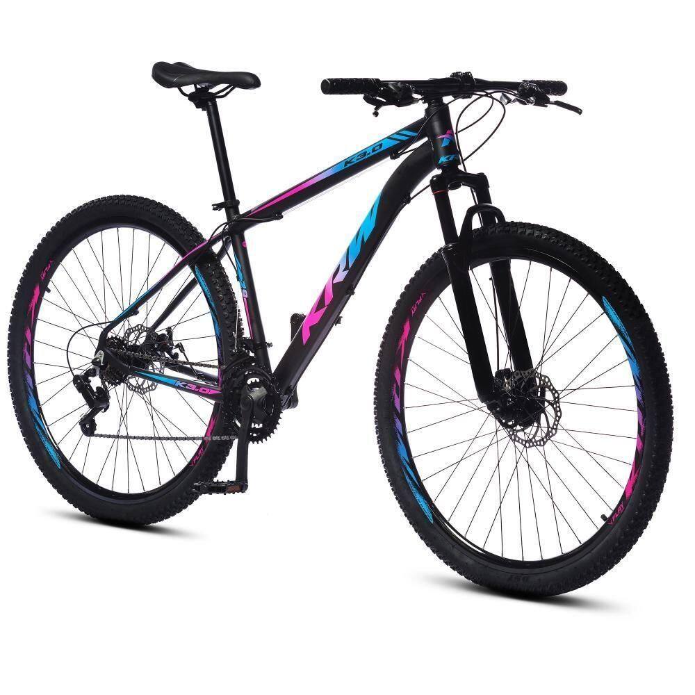 Bicicleta Aro 29 Krw Alumínio 24 Vel Freio A Disco X52 Cor:preto/rosa E Azul;tamanho Quadro:19 Preto/rosa E Azul