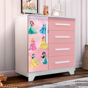 Comoda Infantil 1 Porta e 4 Gavetas Personagens - Rosa