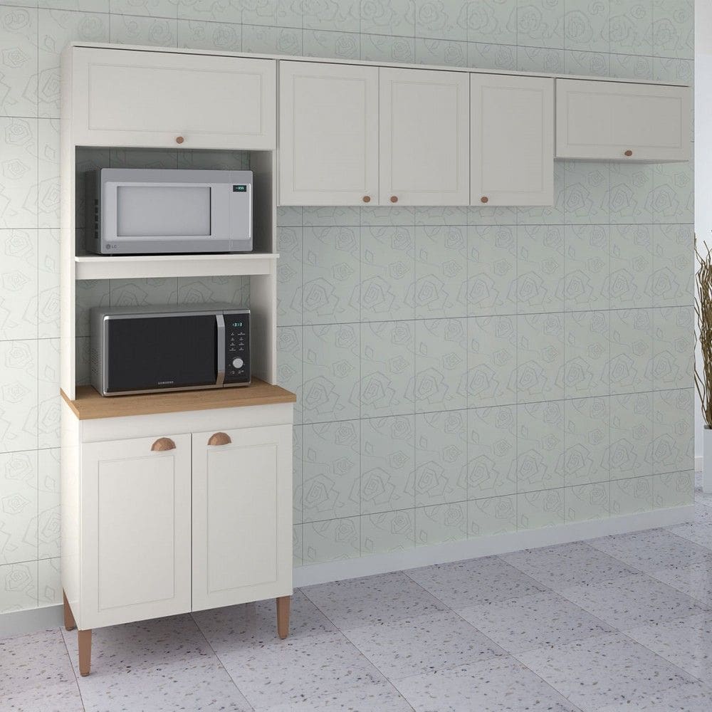 Cozinha Compacta Viena 7 Portas 2 Prateleiras Off White/Canelato - Atualle Móveis
