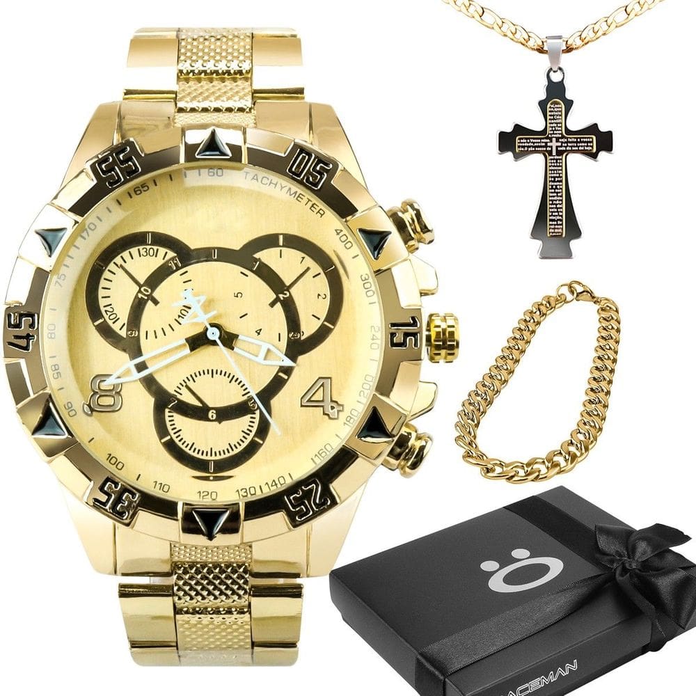 Relógio Dourado Prova D`água + Caixa + Pulseira + Corrente - Orizom